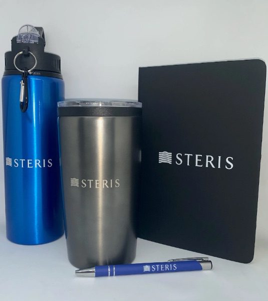 Note pad, pen, water bottle and thermal mug